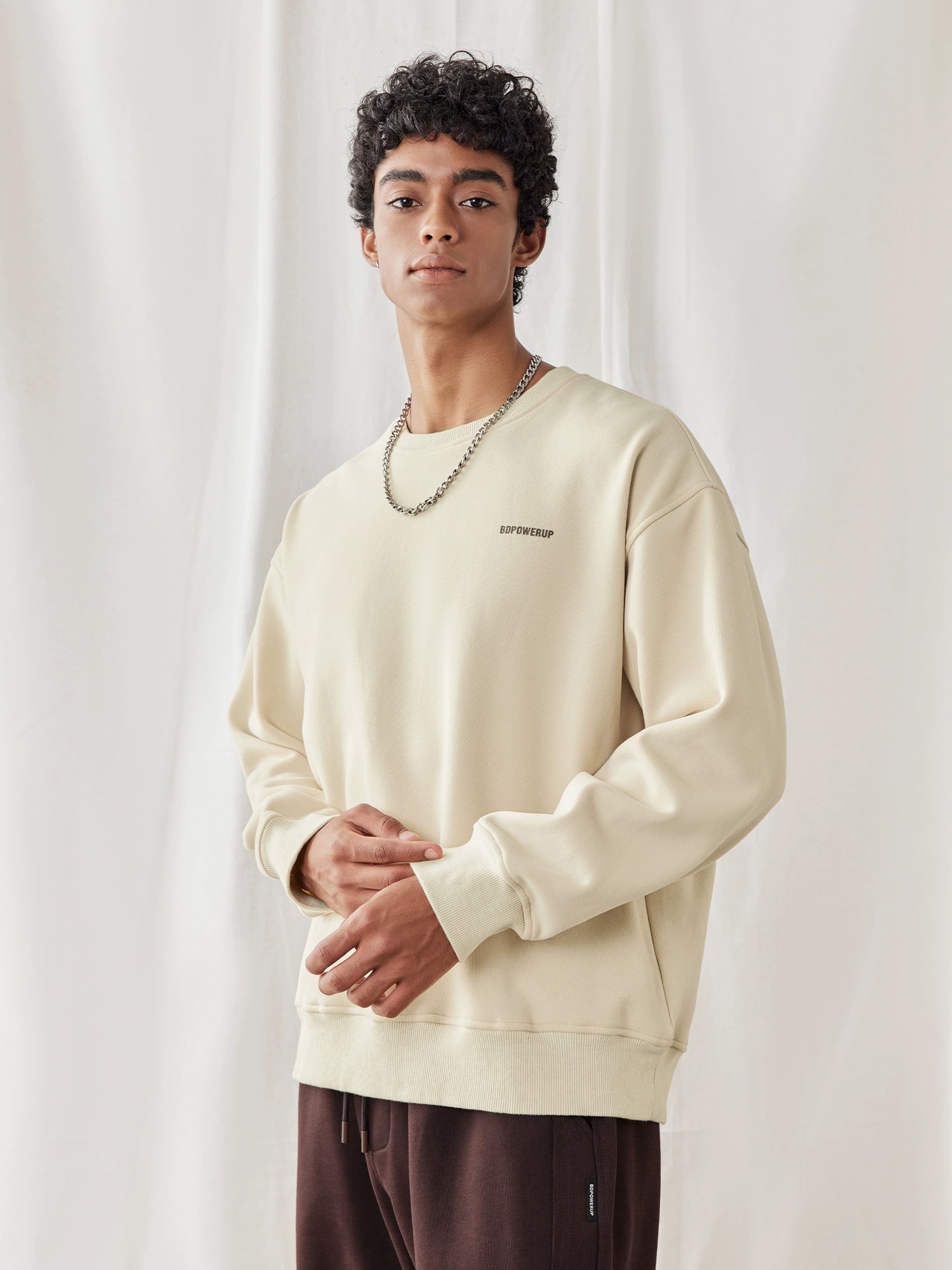 Autumn Solid Color with Padded Lining Simple Print round Neck Men's Pullover